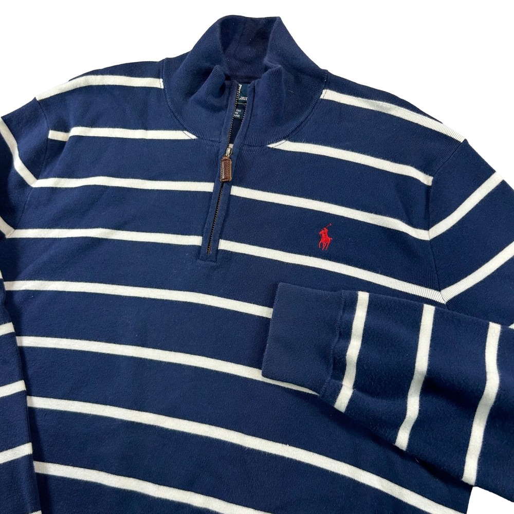 Polo Ralph Lauren Quarter Zip Pullover Mens XL Navy White Stripe Cotton Blend